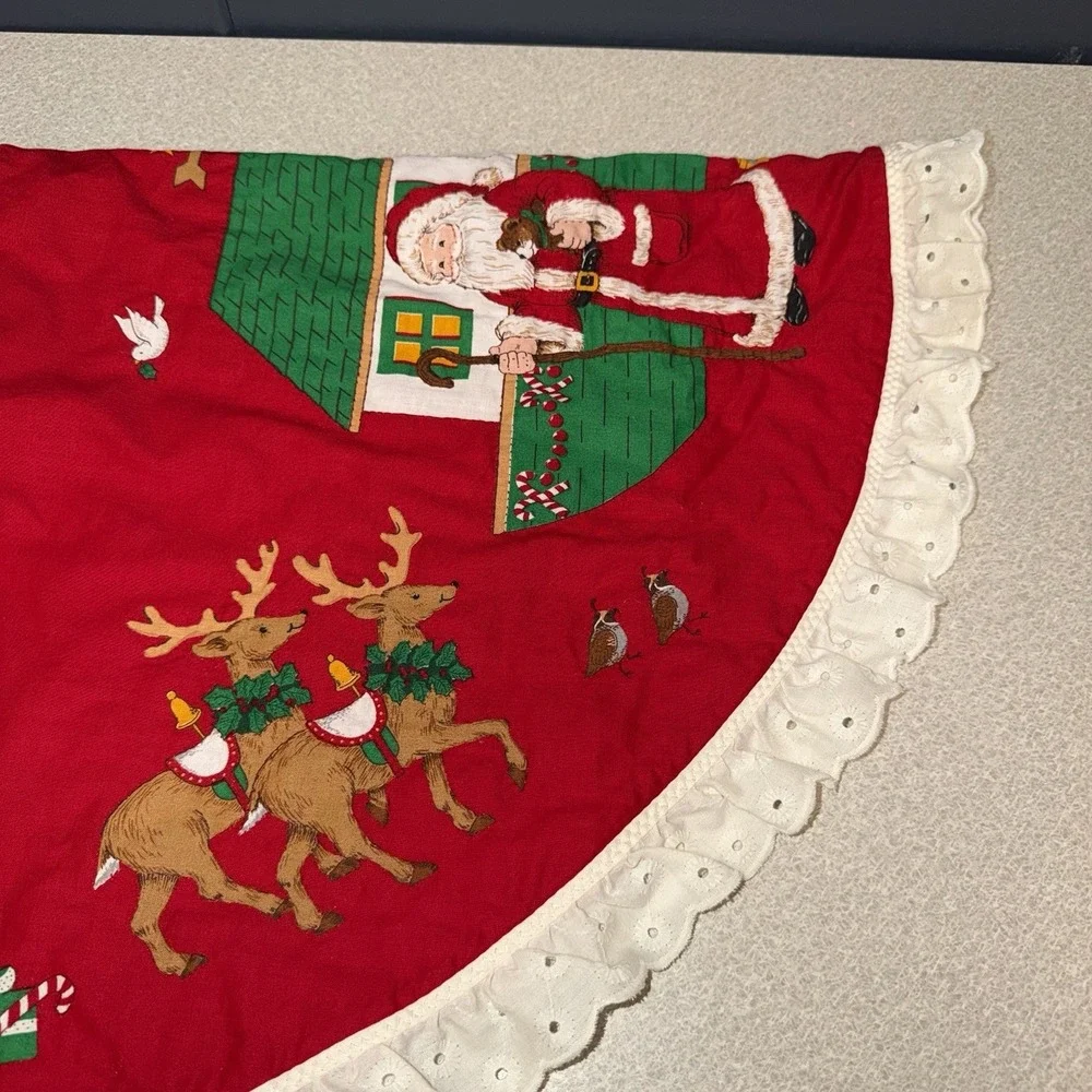 Vtg Country Geese 3ft Red Christmas Tree Skirt Bears Bows Ruffle Edge Red 80s